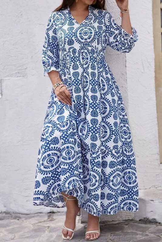 Sky Blue Geometric Print Lace-up Notch Neck Plus Size Maxi Dress Classic Strapless Maxi Dress