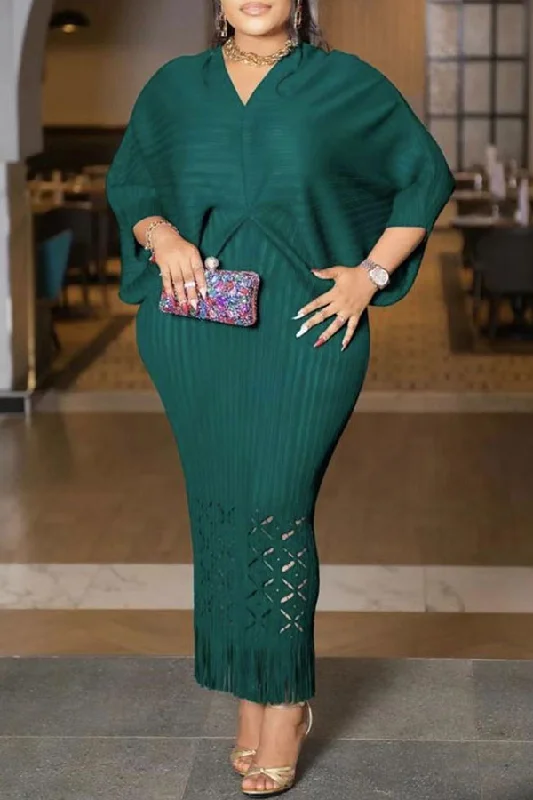 Solid Color Batwing Sleeve On-trend Cutout Tassel Maxi Dress Stylish Long Sleeve Maxi Dress