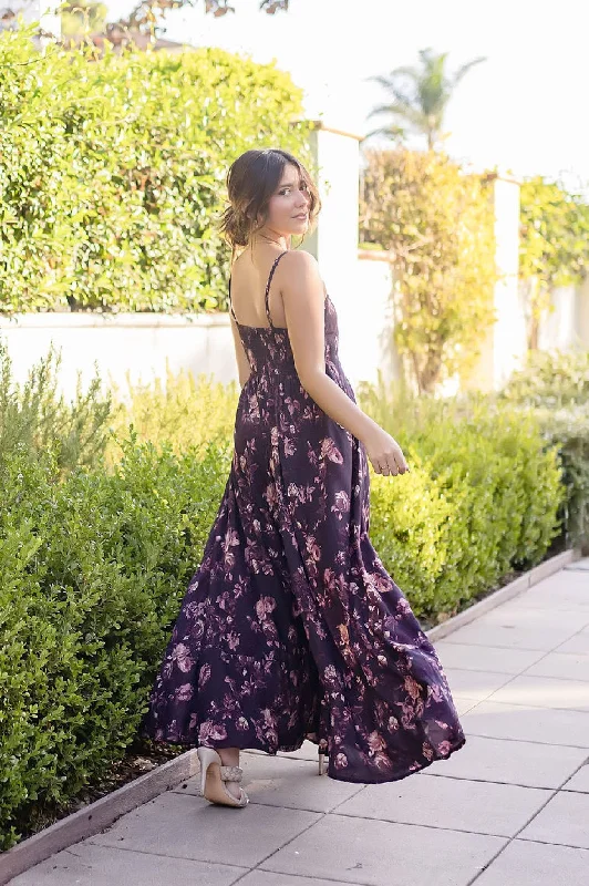 Tara Sleeveless Floral Print Maxi Dress Brown Cozy Maxi Dress with Slit