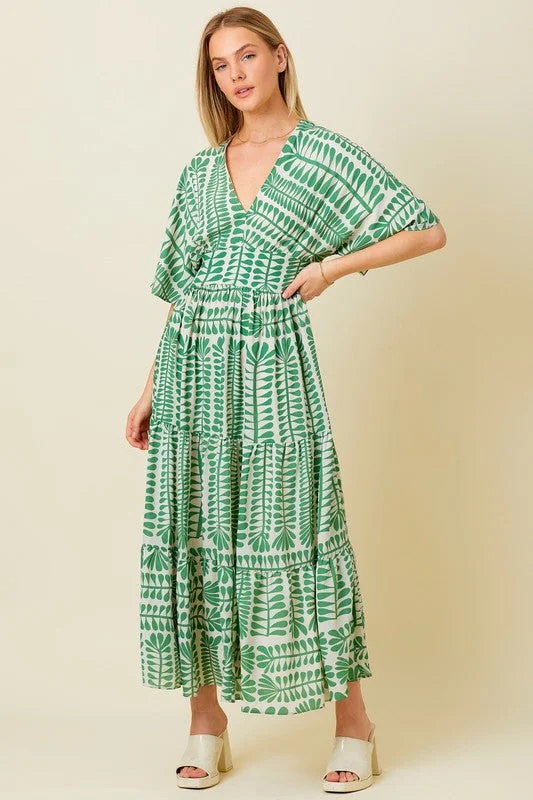 Teresa Short Sleeve Abstract Print Maxi Dress Green Trendy A-Line Maxi Dress