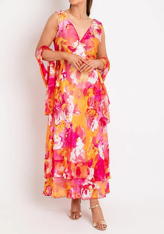 Allison Silk Floral Maxi Dress, Pink & Orange Cozy Open-Back Maxi Dress