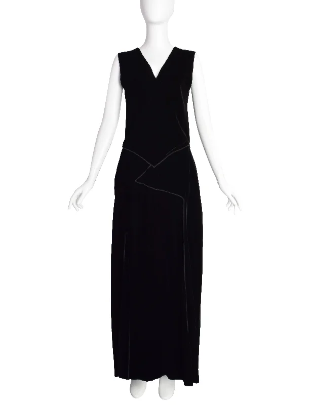 Donna Karan Vintage 1990s Surplice Paneled Black Velvet Maxi Dress Elegant Velvet Maxi Dress