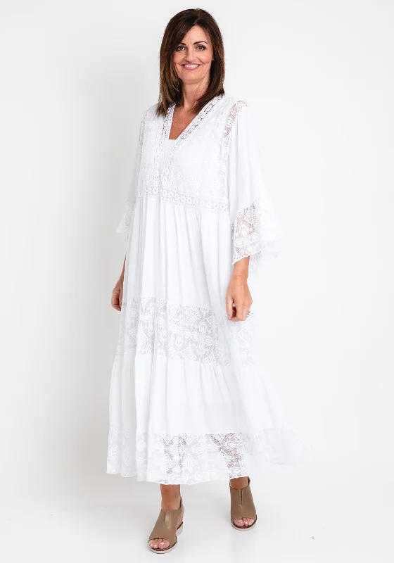 The Serafina Collection One Size Broidery Smock Maxi Dress, White Stylish A-Line Maxi Dress