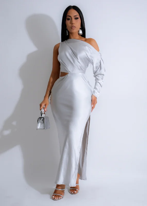 Glacier Grace Satin Maxi Dress Silver Trendy Ruffled Maxi Dress