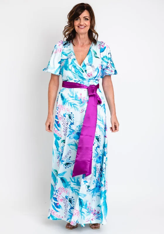 Herysa Nueve Floral Satin Maxi Dress, Aqua Multi Stylish Off-Shoulder Maxi Dress