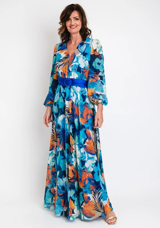 Herysa Godiva Chiffon Maxi Dress, Blue Multi Comfortable Fit-and-Flare Maxi Dress