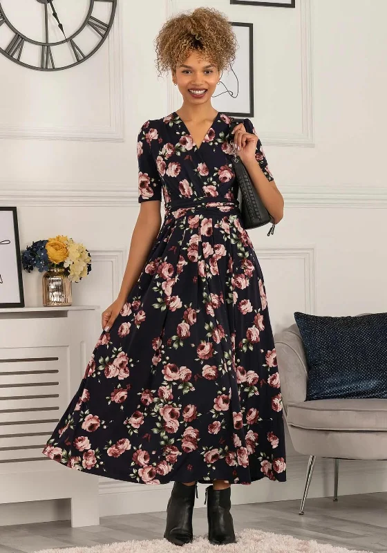 Jolie Moi Elisha Rose Print Maxi Dress, Navy Trendy Fit-and-Flare Maxi Dress