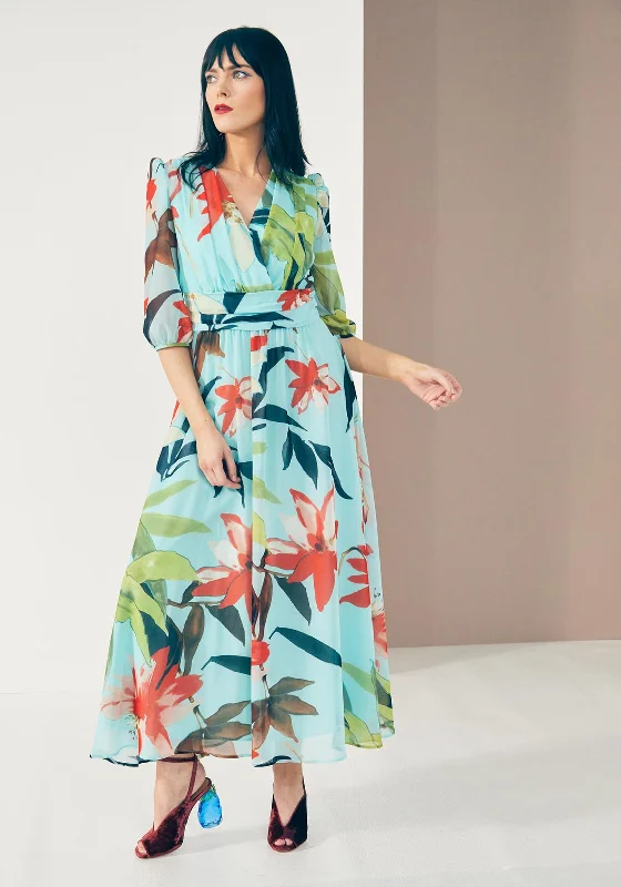 Kate Cooper Tropical Floral Chiffon Maxi Dress, Turquoise Multi Stylish V-Neck Maxi Dress