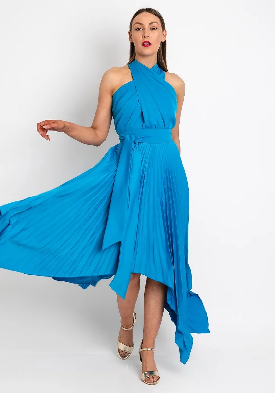 Kevan Jon Vienna Halter Neck Maxi Dress, Marine Blue Trendy Off-Shoulder Ruffle Maxi Dress