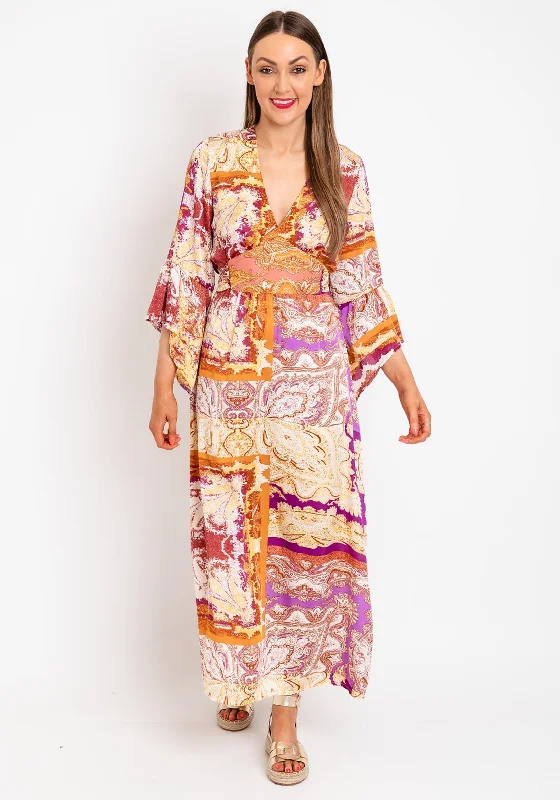 Serafina Collection Satin Damask Print Tie Maxi Dress, Gold Multi Comfortable Bohemian Maxi Dress