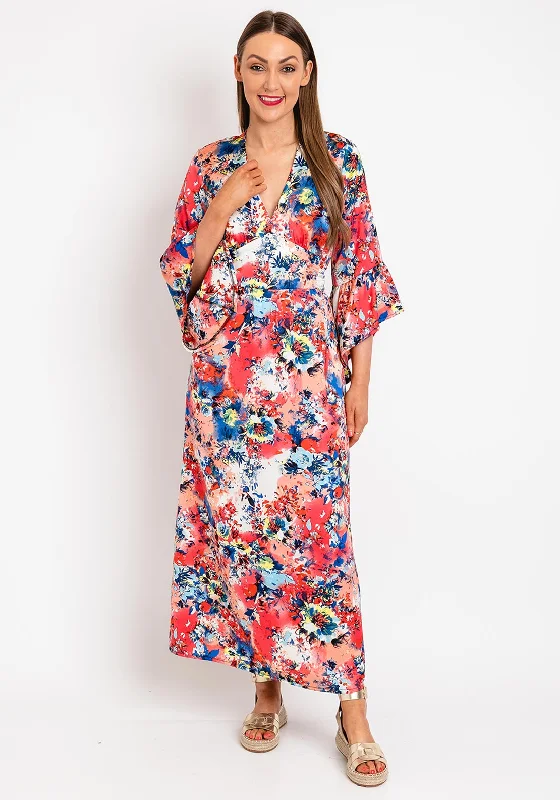 Serafina Collection Satin Floral Print Tie Maxi Dress, Red Pink Cozy Ribbed Maxi Dress