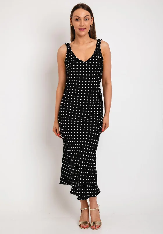 The Sofia Collection V Neck Polka Dot Maxi Dress, Black Cozy Maxi Dress with Slit