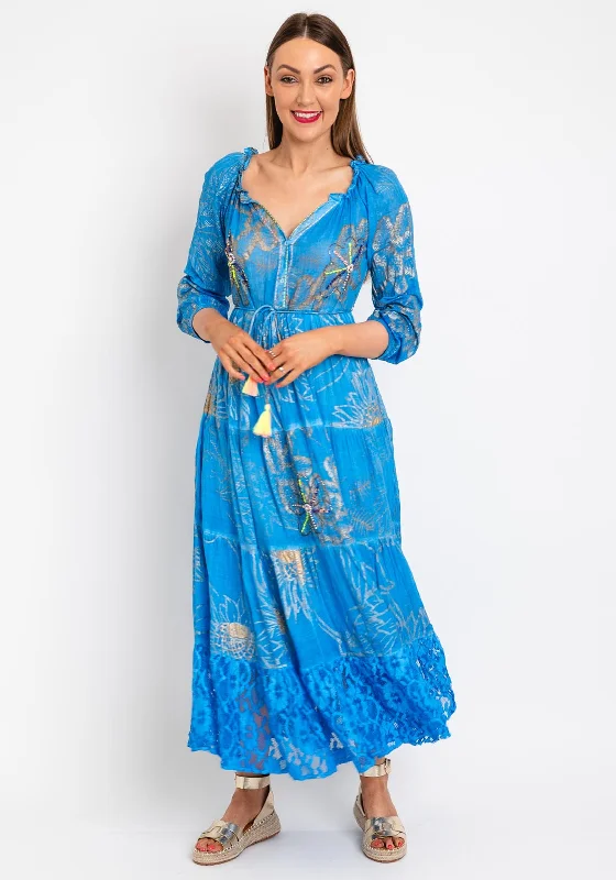 Serafina Collection Bead Flower Maxi Dress, Blue Stylish Maxi Dress with Pleats