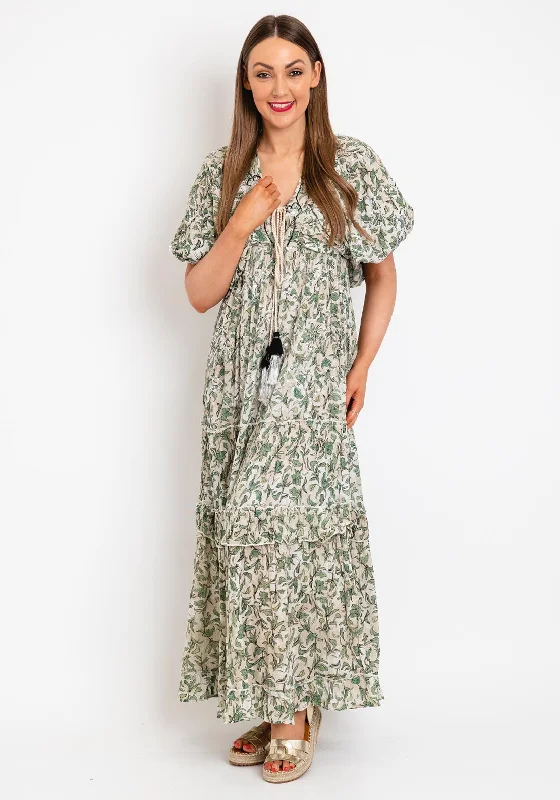 Serafina Collection Sequence Leaf Print Maxi Dress, Green Comfortable Maxi Dress with Belt