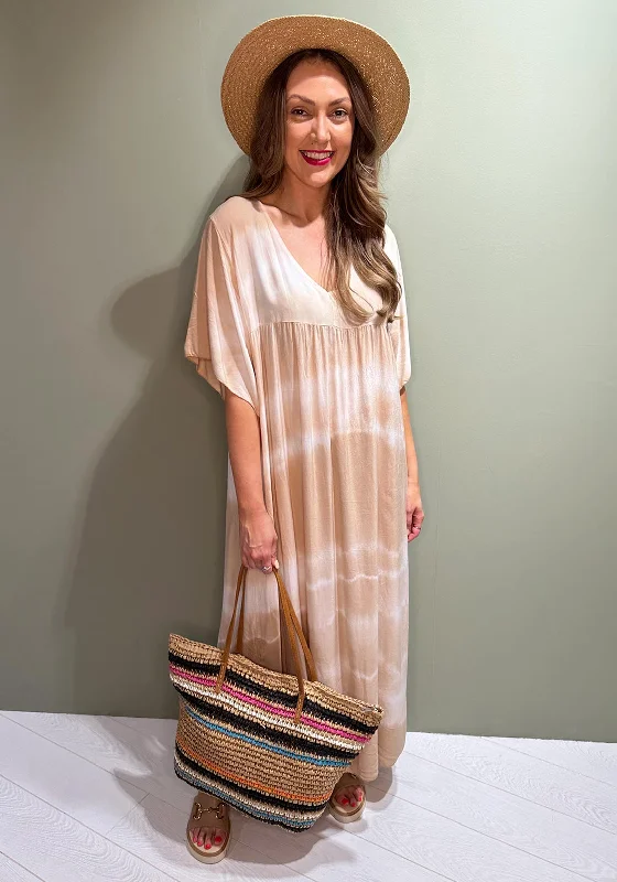 Serafina Collection One Size Tie Dye Maxi Dress, Beige Cozy Knitted Maxi Dress