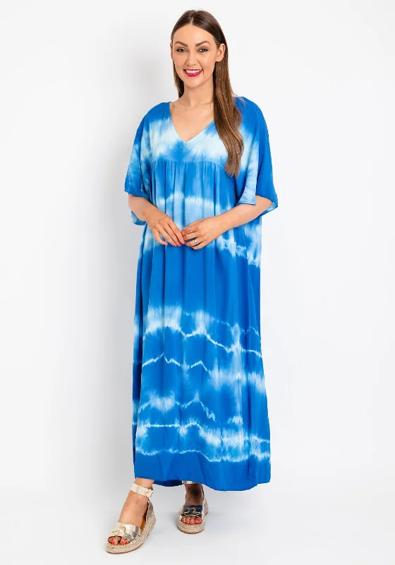 Serafina Collection One Size Tie Dye Maxi Dress, Blue Fashionable High-Low Maxi Dress