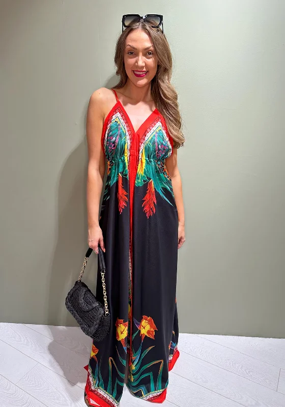 The Serafina Collection Tropical Print Maxi Dress, Black Multi Comfortable Maxi Dress with Sleeves