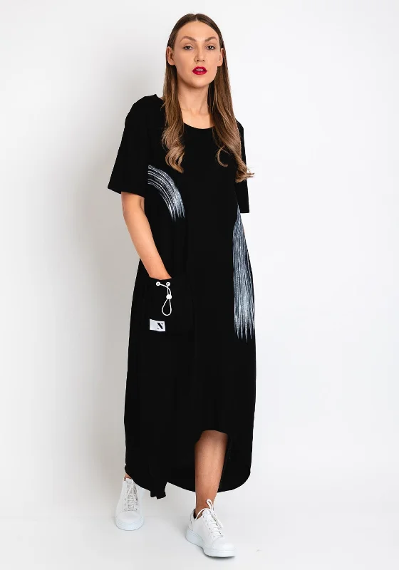 Naya Brushstroke Print Maxi Dress, Black Cozy Maxi Dress with Slit