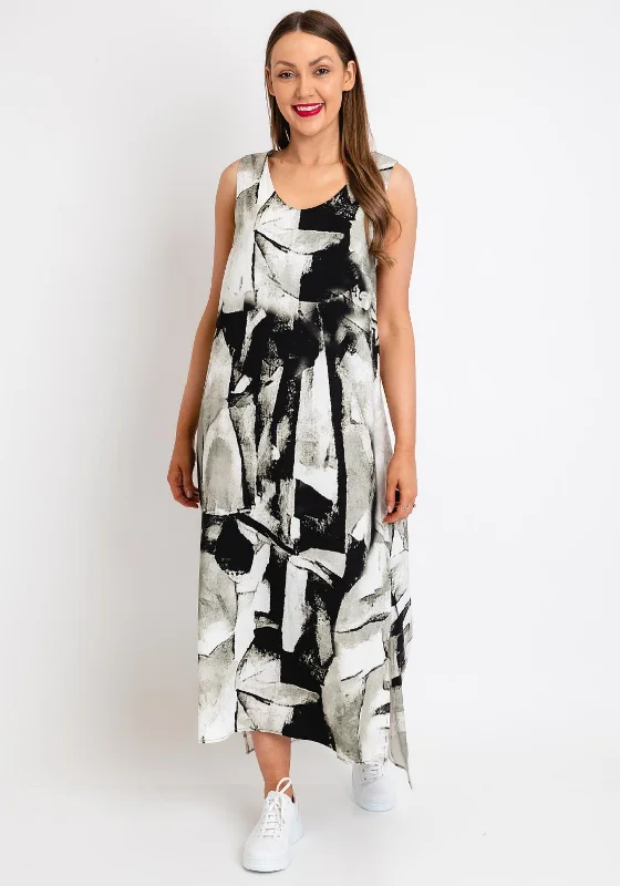 Naya Stone Print Shift Maxi Dress, Khaki & Black Trendy Maxi Dress with Straps