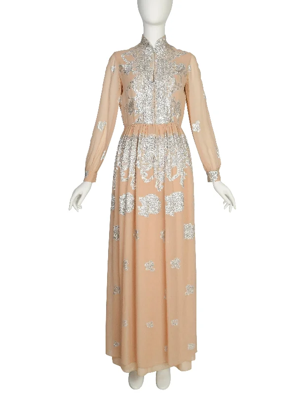 Oscar de la Renta Vintage 1960s Almond Silk Chiffon and Silver Lame Lurex Floral Maxi Dress Elegant Maxi Dress with Lace