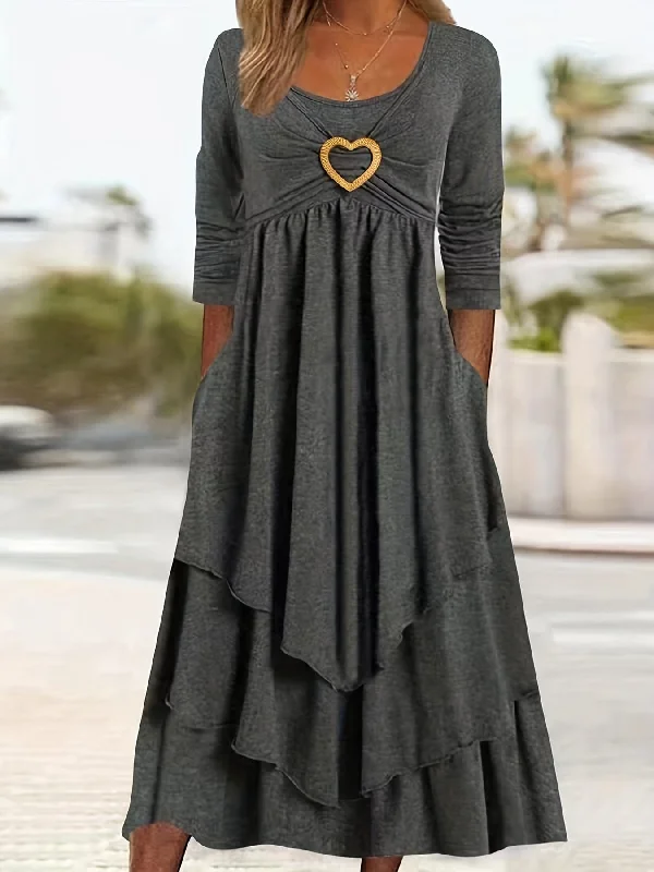 Plus Size Elegant Dress, Women's Plus Plain Long Sleeve Layered Heart Ring Decor Round Neck Maxi Dress Cozy Longline Maxi Dress