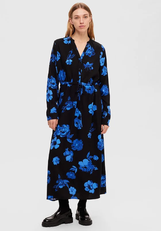 Selected Femme Katrina Floral Print Maxi Dress, Blue & Black Elegant Lace-Up Maxi Dress