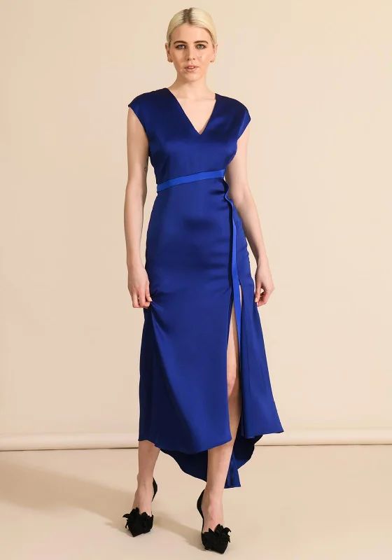 Caroline Kilkenny Satin Max Maxi Dress, Blue Elegant Maxi Dress with Ruffles