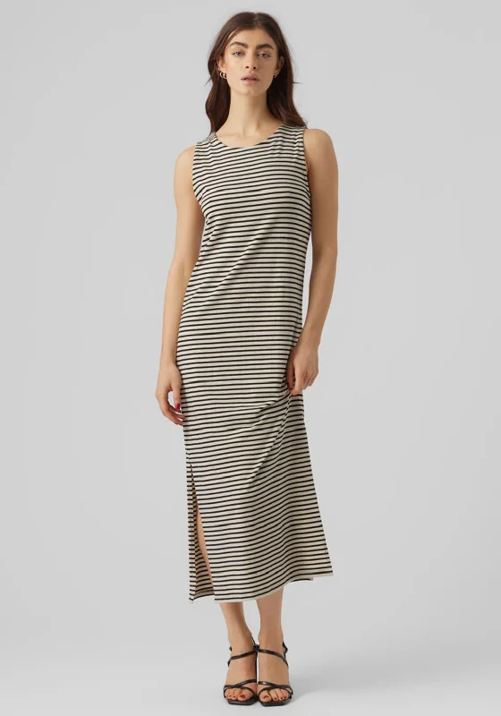 Vero Moda Fiona Strip Print Maxi Dress, Ibiza Black & Birch Comfortable Flowy Maxi Dress