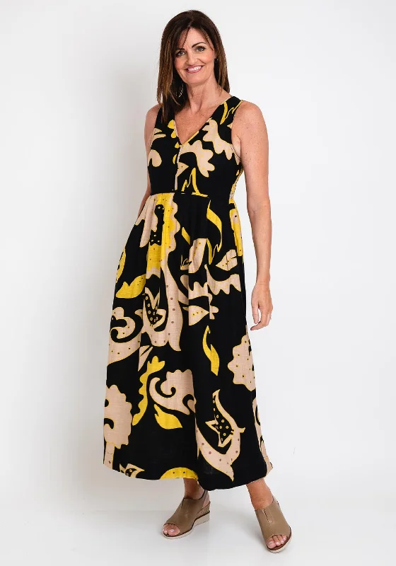 White Stuff Gigi Print Linen Blend Maxi Dress, Black & Yellow Casual Maxi Dress with Pockets