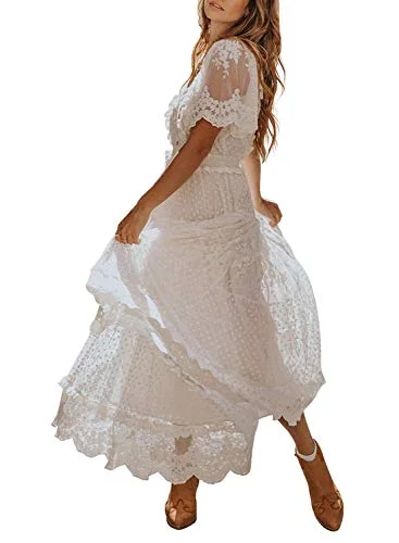 Women's V Neck Button Down Floral Lace Maxi Dress Casual Short Fashionable Printed Maxi Dress