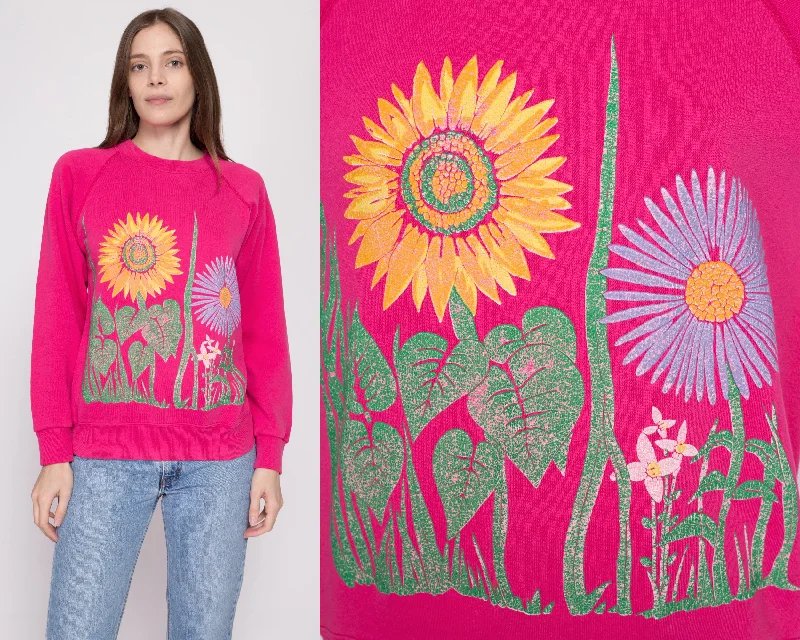 80s Hot Pink Flower Garden Sweatshirt - Medium Hoodie with Longline Fit Extended Stylish