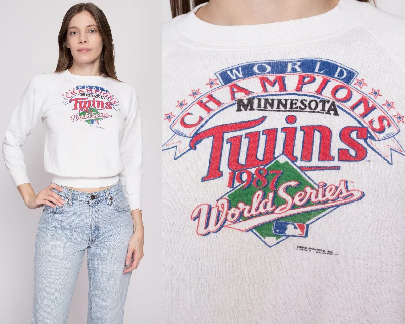 80s Minnesota Twins World Series Sweatshirt - Petite Extra Small Hoodie with Hem Frayed Vintage Worn