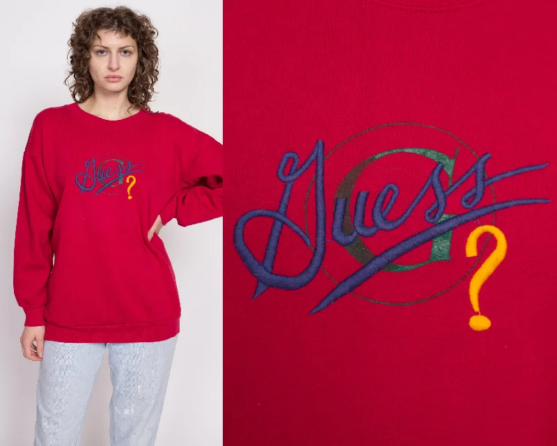 90s Guess ? Red Sweatshirt - One Size Hoodie with Zipper Placket Modern Functional