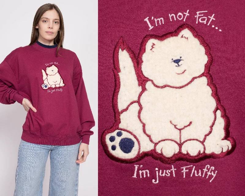 90s "I'm Not Fat I'm Just Fluffy" Cat Sweatshirt - Large Hoodie with Earth Tones Natural Calm