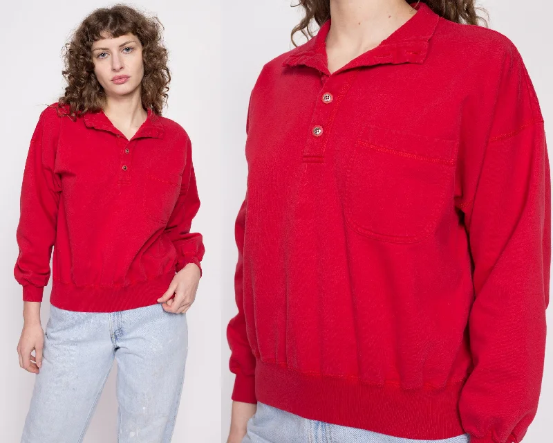 90s Lizwear Red Cropped Collared Sweatshirt - Medium Hoodie with Turtle Neck Cozy Winter