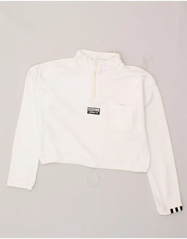 ADIDAS Womens Crop Zip Neck Sweatshirt Jumper UK 12 Medium White Cotton Hoodie with Button Classic Timeless