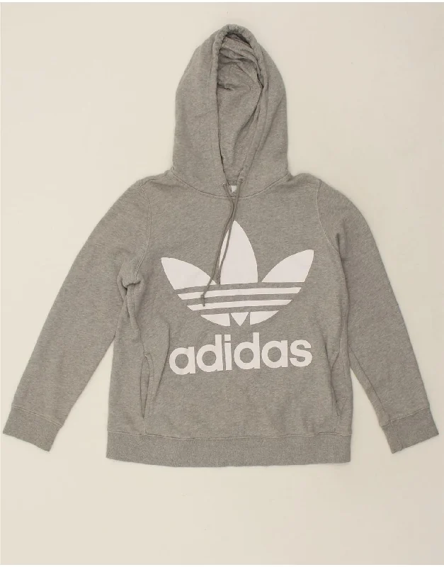 ADIDAS Womens Graphic Hoodie Jumper UK 12 Medium Grey Cotton Hoodie with Strings Custom Fit Adjustable