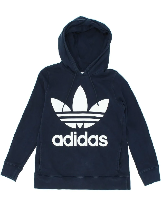 ADIDAS Womens Graphic Hoodie Jumper UK 16 Large Navy Blue Cotton Hoodie with Button Placket Classic Preppy