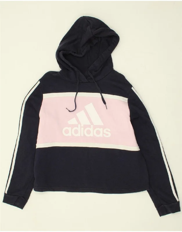 ADIDAS Womens Graphic Hoodie Jumper UK 16 Large Navy Blue Cotton Hoodie with Lace Feminine Delicate