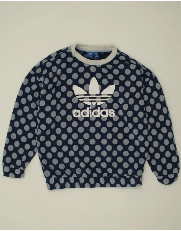 ADIDAS Womens Graphic Sweatshirt Jumper UK 12 Medium Blue Polka Dot Hoodie with Oversized Fit Loose Comfortable