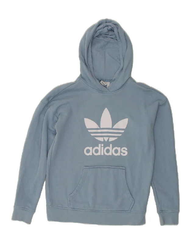 ADIDAS Womens Oversized Graphic Hoodie Jumper UK 4 XS  Blue Cotton Hoodie with Emblem Brand Identity