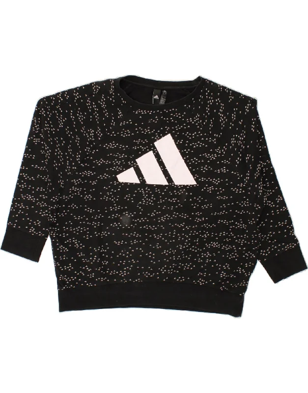 ADIDAS Womens Oversized Graphic Sweatshirt Jumper UK 18 XL Black Cotton Hoodie with Toggle Buttons Decorative Unique