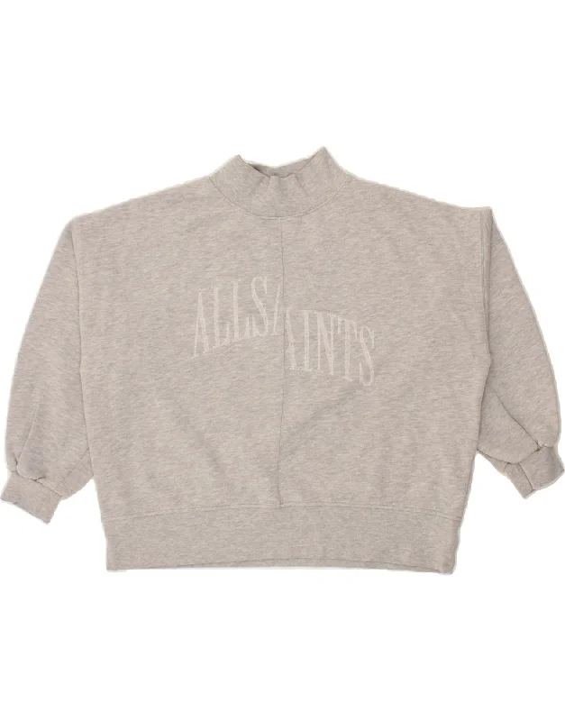 ALL SAINTS Womens Oversized Graphic Sweatshirt Jumper UK 14 Medium Grey Hoodie with Raw Hem Edgy Unfinished