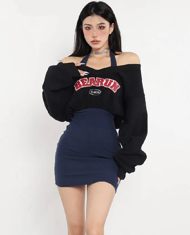 BEARUN Letter Embroidery Black V-Neck Long Sleeve Cropped Sweatshirt Dark Blue Halter Slim Mini Dress Set Hoodie with Hem Applique Textured Unique