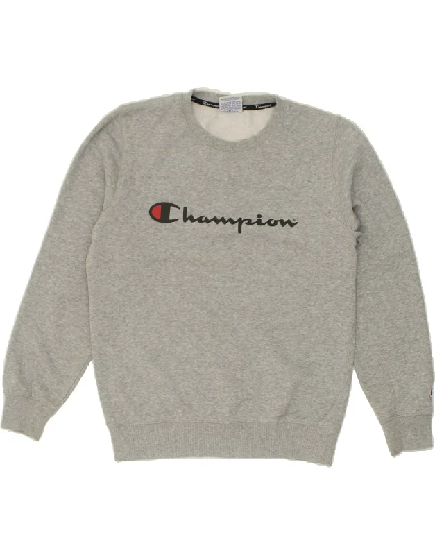 CHAMPION Mens Graphic Sweatshirt Jumper Small Grey Cotton Hoodie with Frayed Bohemian Relaxed