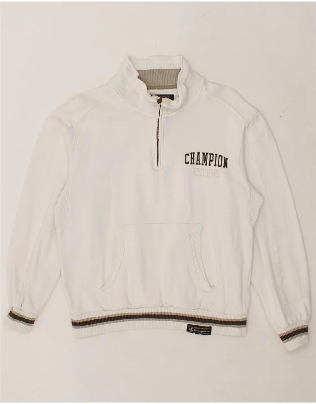 CHAMPION Mens Zip Neck Sweatshirt Jumper Medium White Cotton Hoodie Crop Top Short Trendy