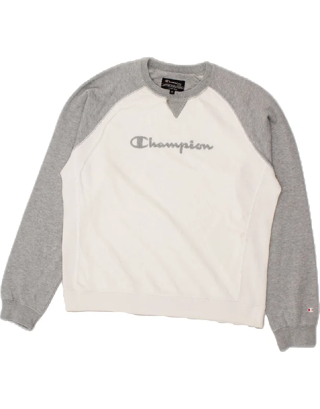 CHAMPION Womens Crop Sweatshirt Jumper UK 14 Medium White Colourblock Hoodie with Gradient Ombre Colorful