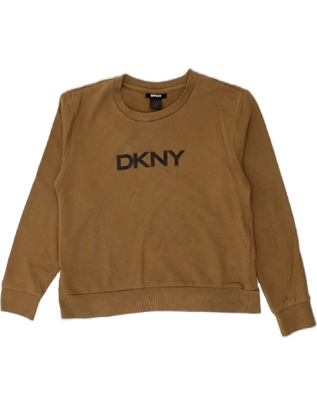 DKNY Womens Graphic Sweatshirt Jumper UK 14 Medium Brown Cotton Hoodie with Back Slit Movement Comfort