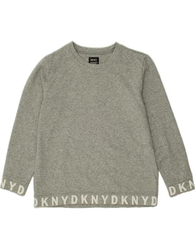 DKNY Womens Graphic Sweatshirt Jumper UK 14 Medium Grey Cotton Hoodie with Frayed Bohemian Relaxed