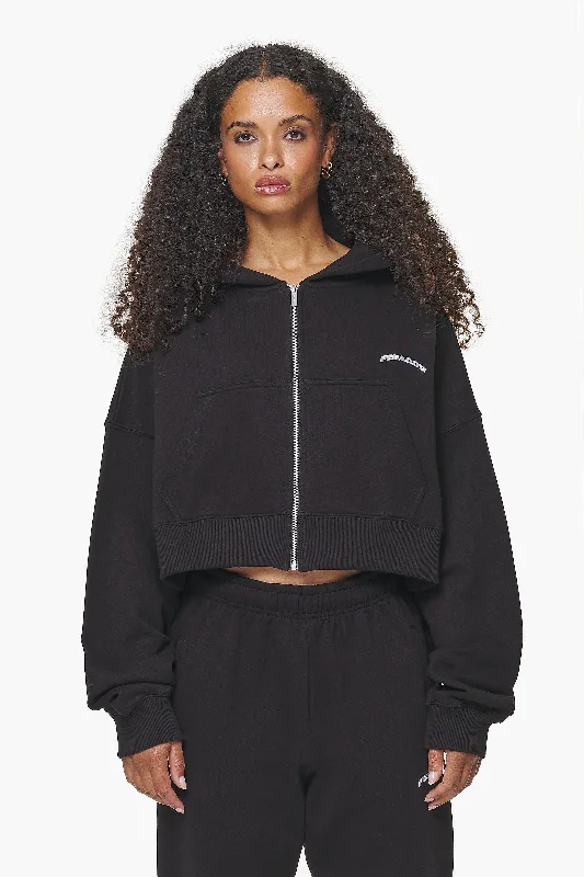 Dorset Cropped Zip Hoodie Black Hoodie with Metallic Shiny Futuristic